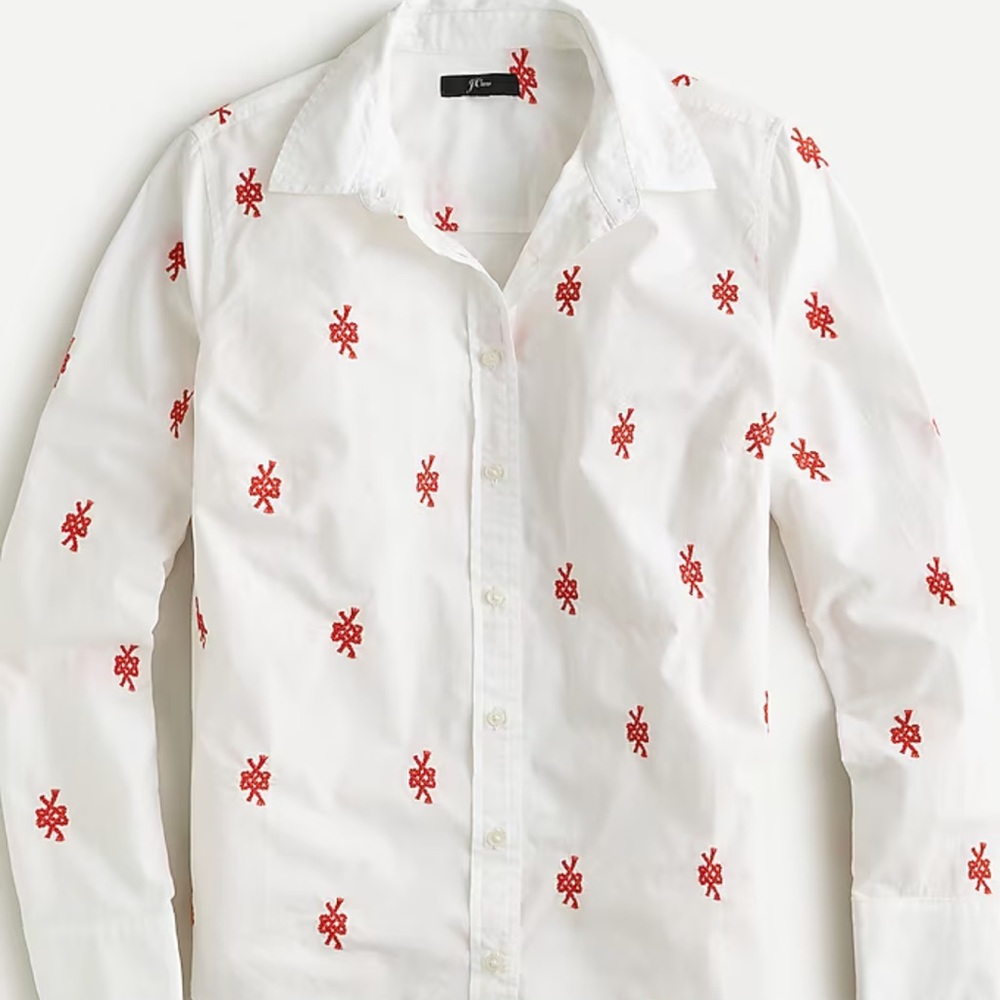 NWT J. CREW™️ Women's Sz 10 Slim White Cotton Poplin W/ Red Knot Embroidery